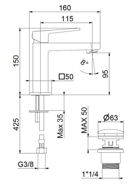 FIORE DARK Змішувач для раковини на 1 отвір, з донним клапаном, хром, 140CR4413 140CR4413 фото