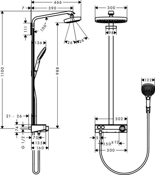 Душова система hansgrohe Raindance Select E 300 2jet Showerpipe з термостатом, хром 27126000 27126000 фото