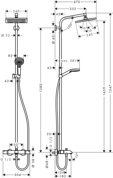 Душова система hansgrohe Crometta E 240 1jet Showerpipe з термостатом 27298000 27298000 фото