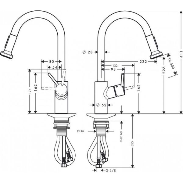 Hansgrohe Talis M52 Кухонный смеситель однорычажный, 220, Eco, с вытяжным душем, 2jet, хром, 72831000 72831000 фото