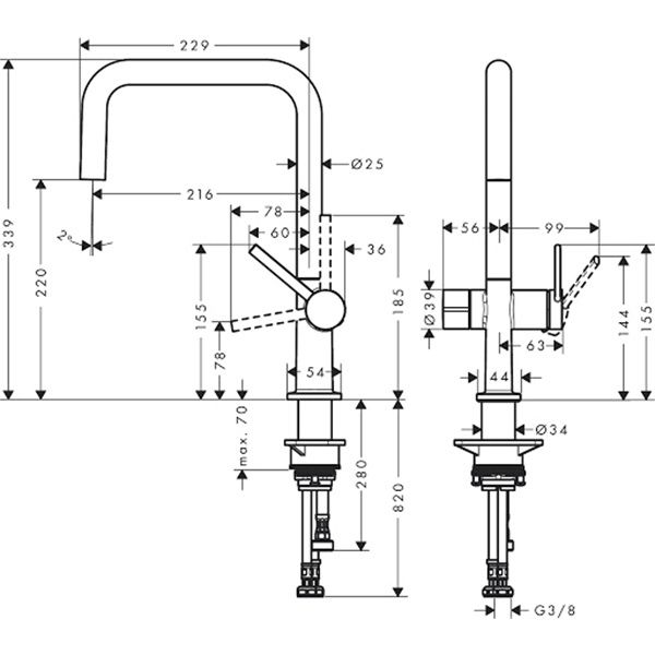 Hansgrohe Talis M54 Кухонный смеситель, однорычажный, U 220, с запорным вентилем, 1jet, хром, 72807000 72807000 фото