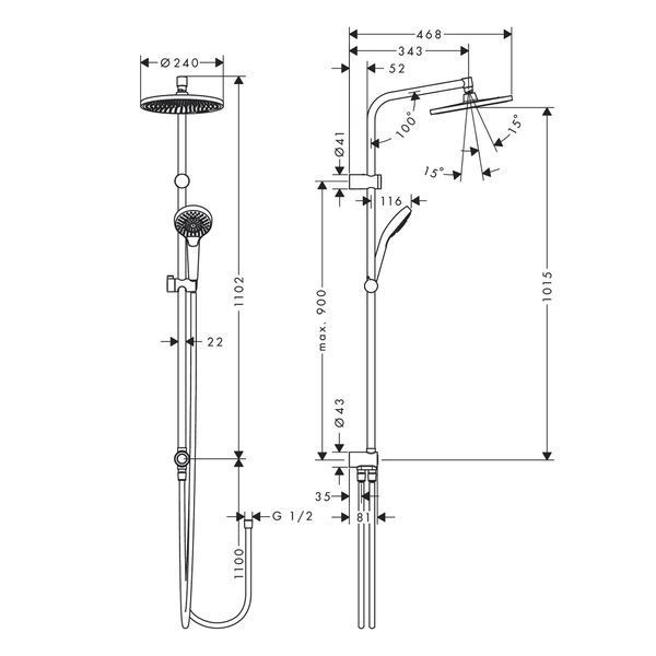 Showerpipe 240 S Reno Душовий набір з перемикачем (верхній душ 240, перемикач, ручний душ та шланг), хром, 26876000 26876000 фото