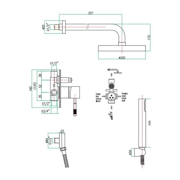 Fiore XENON Змішувач для душу з перемикачем, верхнім та ручним душем та під'єднанням, хром, 44CR5191 44CR5191 фото