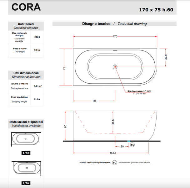 TREESSE CORA Ванна 170х70х60h DX, білий глянцевий, V057BLSX V057BLSX фото