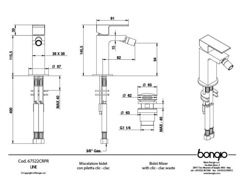 BONGIO LINE Смеситель для биде на 1 отверстие в комплекте с донным клапаном, хром, 67522CRPR 67522CRPR фото