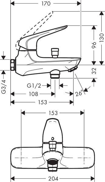 Смеситель hansgrohe Novus для ванны однорычажный, хром 71041000 71041000 фото