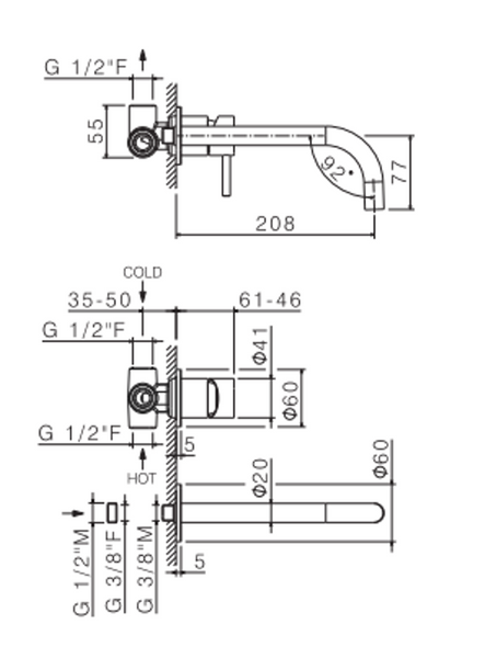 VEMA TIBER STEEL Смеситель для раковины из стены, со скрытой частью, acciaio inox, V17050.AC.005 V17050.AC.005 фото