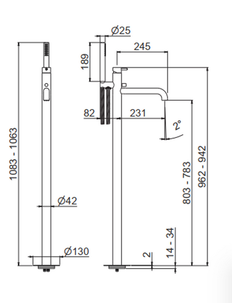 VEMA TIBER STEEL Напольный смеситель для ванны, без встроенной части, acciaio inox, V17195.AC.005 V17195.AC.005 фото