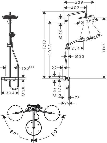 Душова система hansgrohe Croma Select S Showerpipe 280 1jet із термостатом, бронза матовий 26890140 26890140 фото