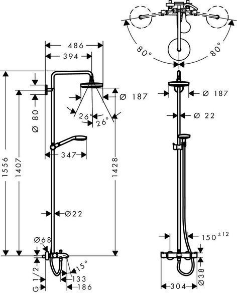 Душевая система hansgrohe Croma Select S 180 2 jet с термостатом 27351400 27351400 фото